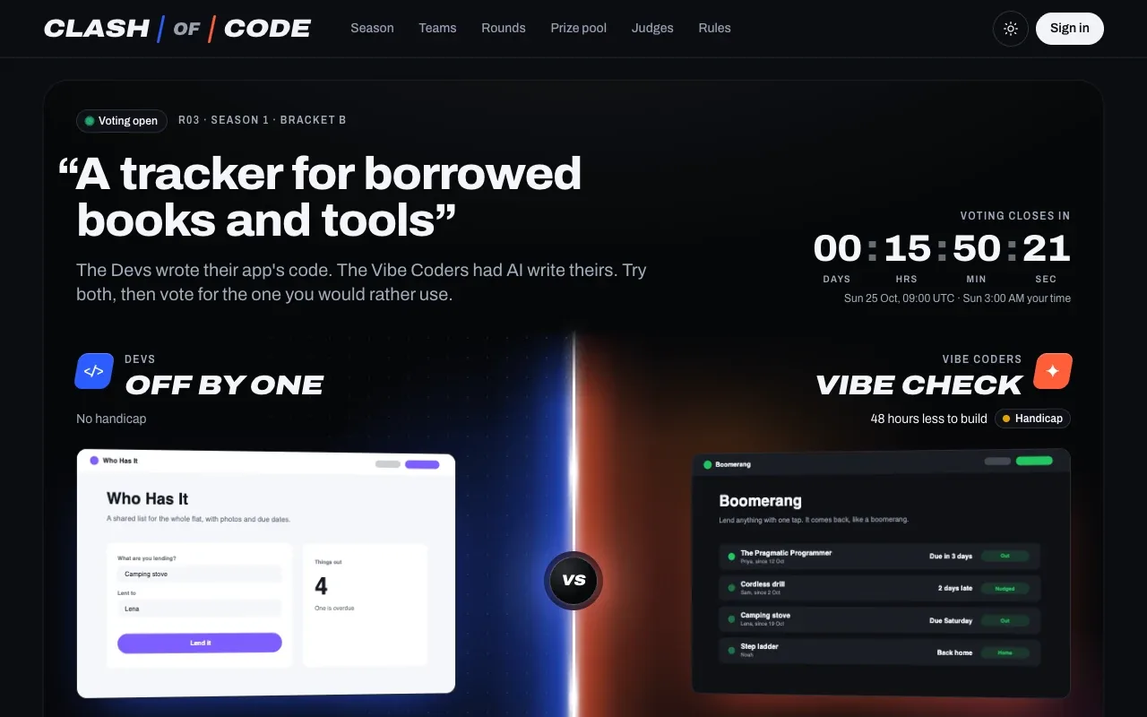 The current Clash of Code landing page: a dark broadcast stage split by a glowing line