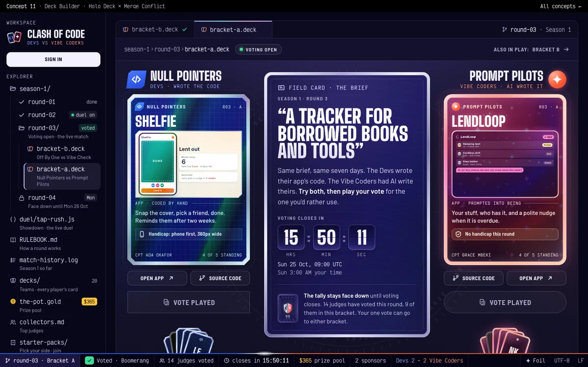 Deck Builder on the Bracket A tab after voting in Bracket B: both vote buttons read Vote played